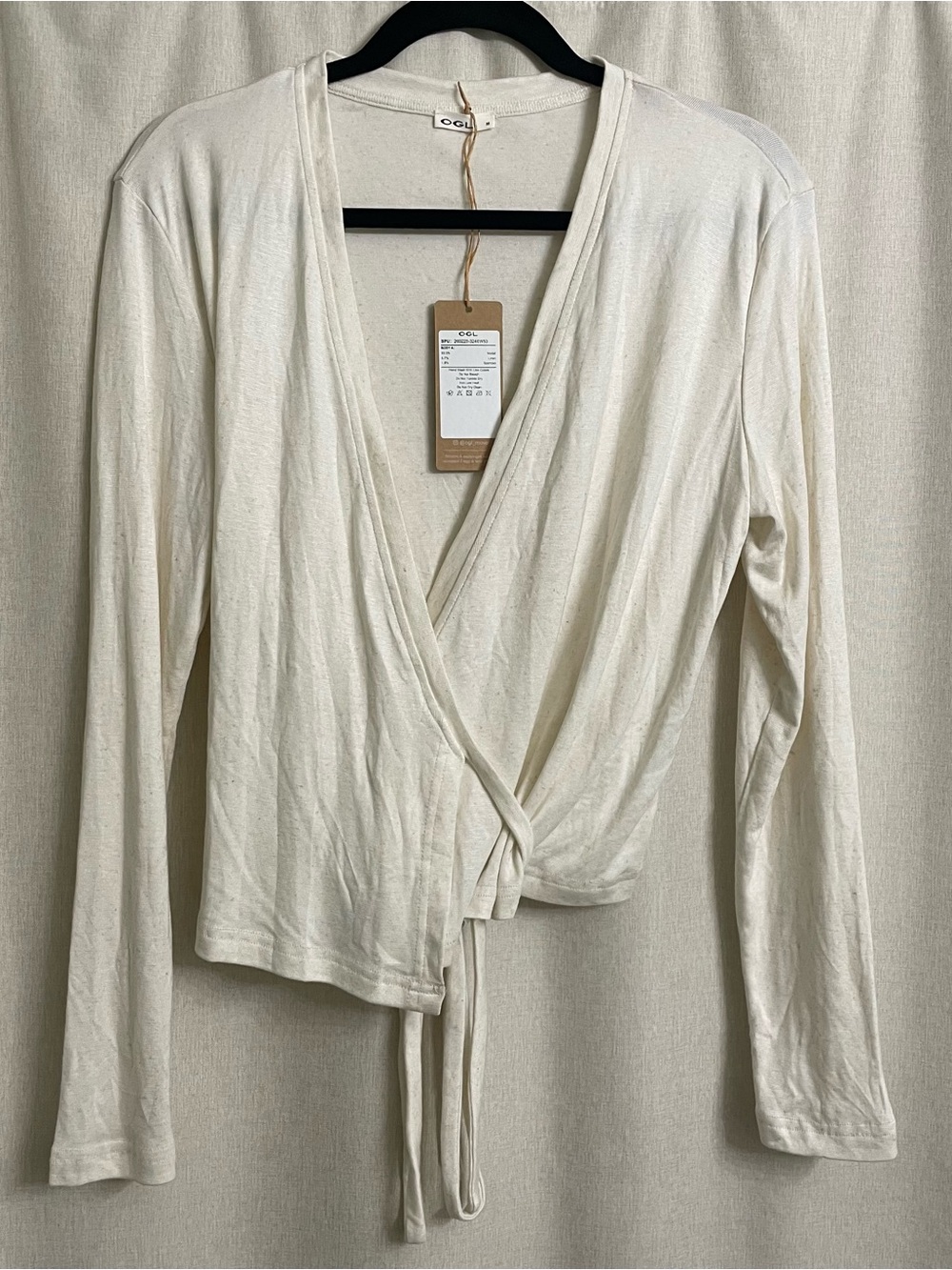 NWT OGL Move Modal Linen blend Wrap Top Long Sleeve Ivory Medium